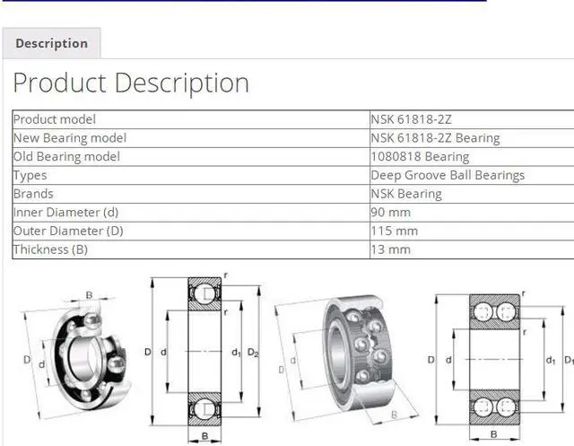 Alt view image 2 of 4 - NSK 61818 ZZ Deep Groove Ball Bearings 90x115x13mm