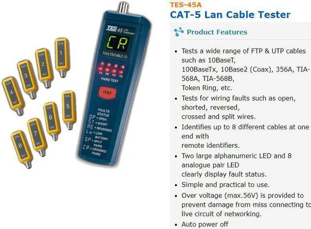 Alt view image 3 of 4 - TES-45 CAT-5 Lan Cable Tester Meter Pairs Length Faults Status Leds Display
