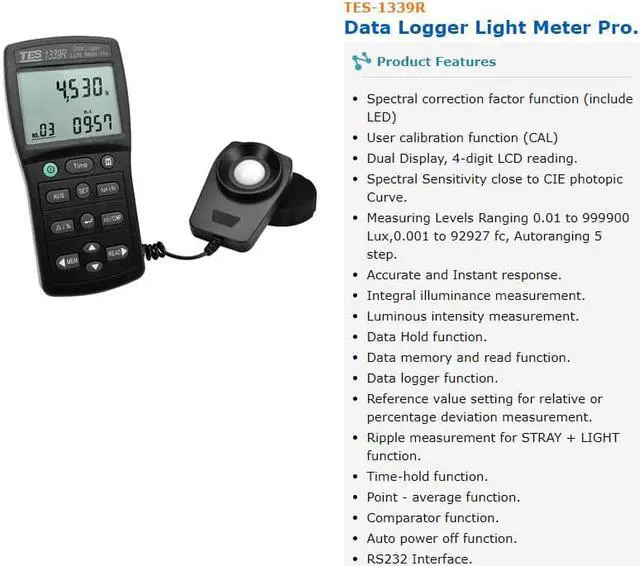 Alt view image 2 of 7 - TES-1339R Data Logger Light Meter Tester 0.01 to 999900 Lux PC Data Record