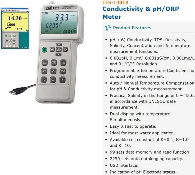 Alt view image 3 of 5 - TES-1381K Conductivity &PH/ORP Meter Resistivity Salinity