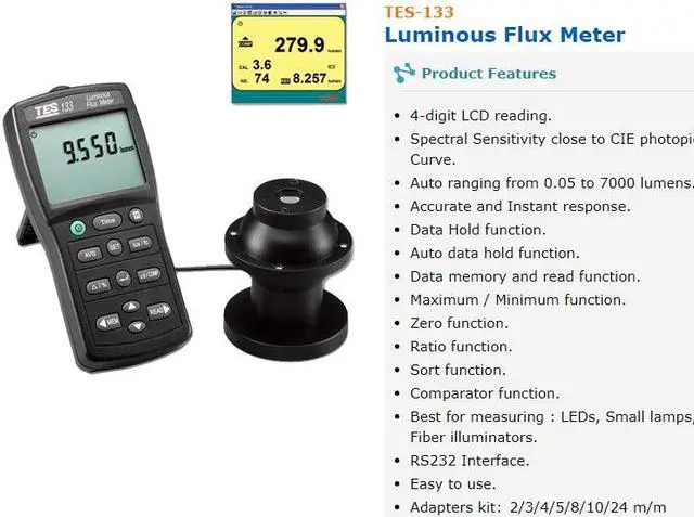 Alt view image 2 of 4 - TES-133 Luminous Flux Meter,Auto ranging from 0.05 to 7000