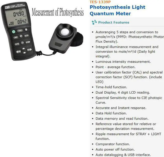 Main image of TES-1339P Data Logger Light Quantum Meter Time Hold Function New