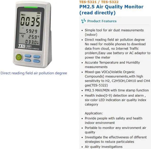 Alt view image 4 of 4 - TES-5321 PM2.5 Air Quality Monitor PM2.5 : 0 to 500mg/m3 New