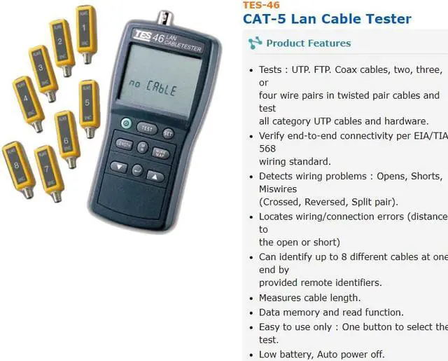 Alt view image 2 of 6 - TES-46 CAT-5 Lan Cable Tester Meter Length Faults Status LCD Display