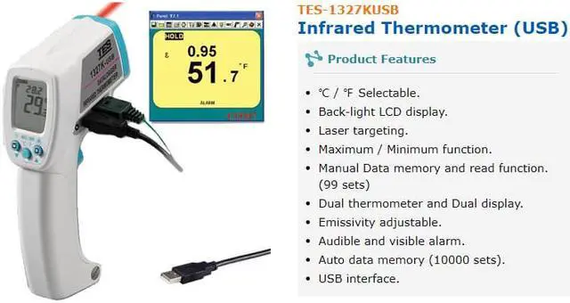 Alt view image 2 of 4 - TES-1327KUSB Professional Infrared Thermometer Function Data Memory Read Functio