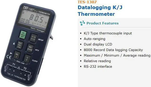 Alt view image 2 of 4 - TES-1307 Datalogging K/J Thermometer -190~1333 Degree K Type