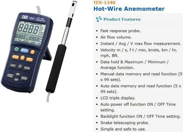Alt view image 2 of 7 - TES-1340 Digital Anemometer Air Wind Flow Meter Tester,Hot-Wire Anemometer