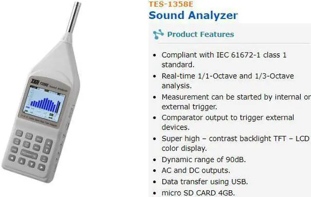 Main image of TES-1358E Sound Analyzer Real-time 1/1-Octave and 1/3-Octave analysis