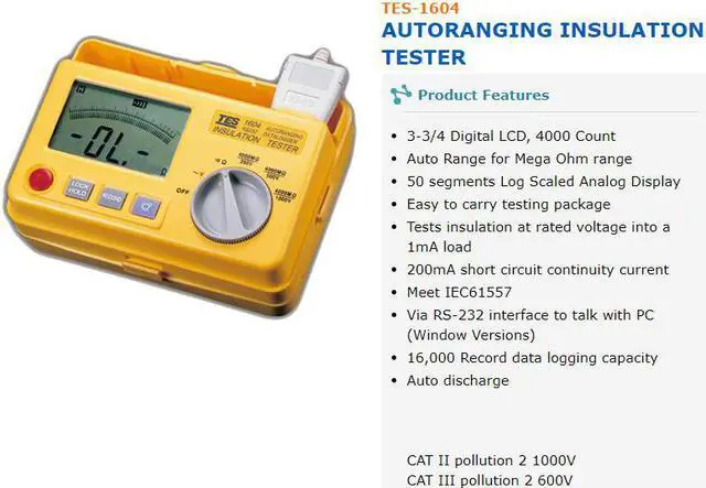 Alt view image 3 of 7 - TES-1604 Auto Ranging Datalogging Insulation Tester Meter with Software NEW