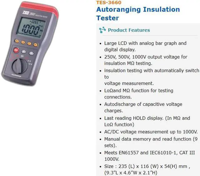Alt view image 5 of 5 - TES-3660 Autoranging Insulation Resistance Tester Meter New