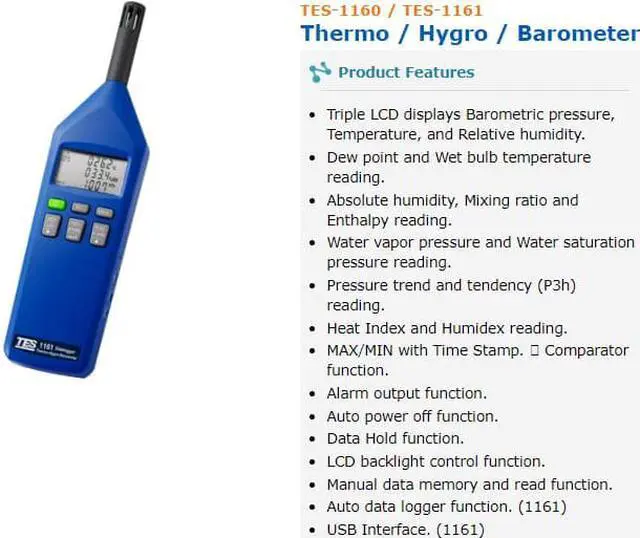 Alt view image 3 of 5 - TES-1160 Thermo/Hygro/Barometer/Humidity Temperature Meter
