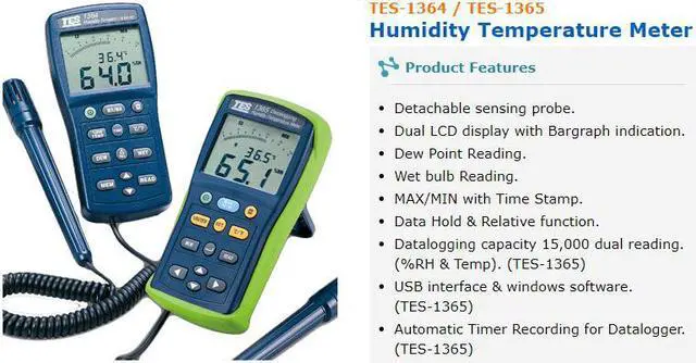 Alt view image 2 of 5 - TES-1364 Datalogging Humidity / Temperature Meter Dual LCD Display Bargraph