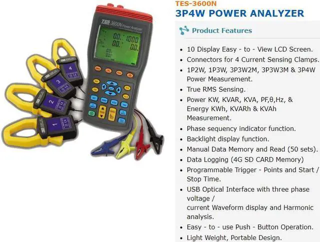 Alt view image 3 of 6 - TES-3600 3P4W Power Quality Analyzer Power  Phase Power Analyzer True RMS