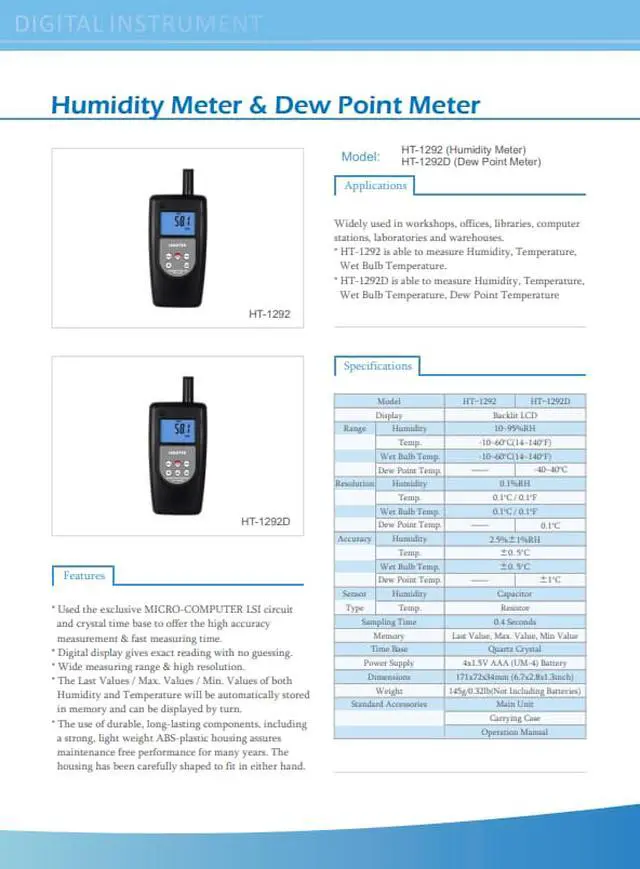 Alt view image 2 of 3 - LANDTEK HT-1292D Humidity Temperature DEW-Point Meter Wet-Bulb Measurement