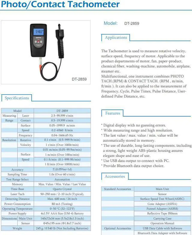 Alt view image 3 of 3 - LANDTEK DT-2859 Digital Tachometer rotative velocity surface speed frequency