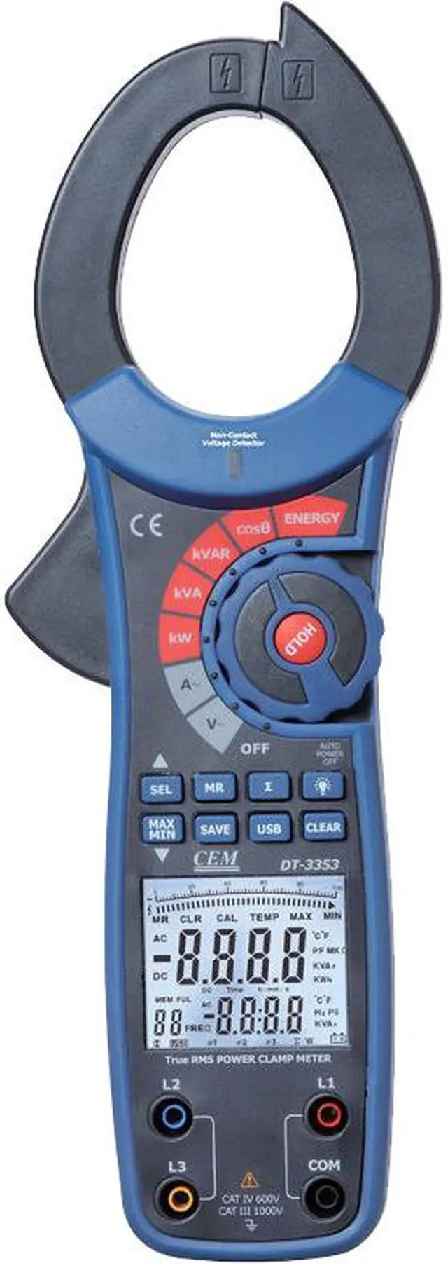Main image of CEM DT-3353 Professional True RMS 1000A AC Watt Clamp Meter LCD Display