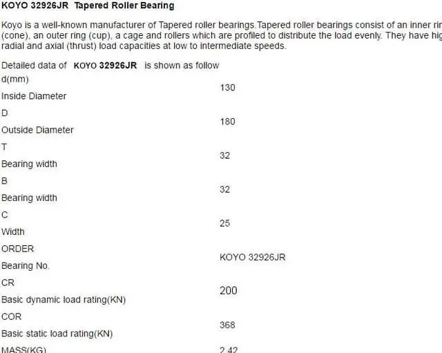 Alt view image 2 of 4 - KOYO 32926JR  Tapered Roller Bearings 130x180x32mm