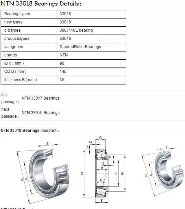 Alt view image 2 of 5 - NTN 4T-33018 Tapered Roller Bearing 90x140x39mm