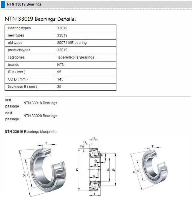Alt view image 2 of 5 - NTN 4T-33019 Tapered Roller Bearing 95x145x39mm