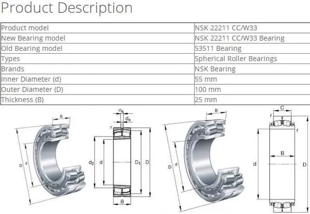 Alt view image 2 of 4 - SKF 22211 CC/W33 Spherical Roller Bearings 55x100x25mm