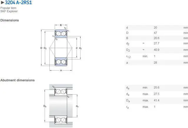 Alt view image 2 of 5 - SKF 3204 A-2RS1 Angular Contact Ball Bearings 20x47x20.6mm