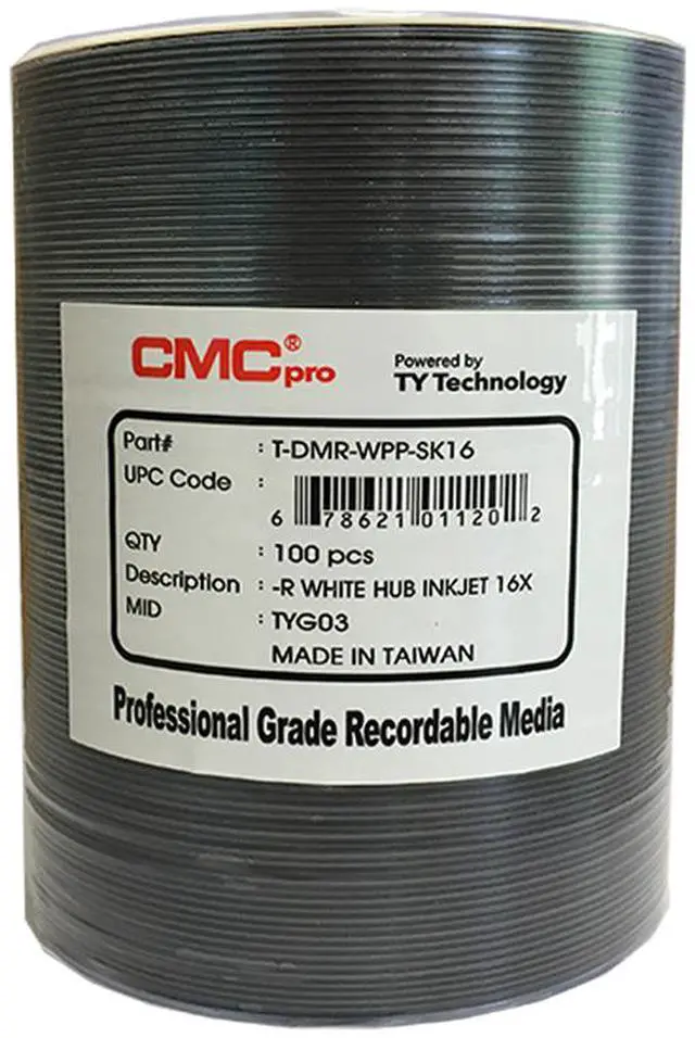 Main image of CMC Pro Taiyo Yuden 16X White Inkjet Hub Printable DVD-R (TDMR-WPP-SK16) 100-Disc Tape Wrap