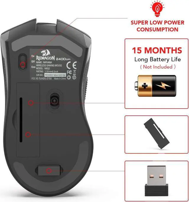 Alt view image 7 of 8 - redragon m652 optical 2.4g wireless mouse with usb receiver, protable gaming & office mice, 5 adjustable dpi levels, 6 buttons for desktop, macbook, notebook, pc, laptop, computer