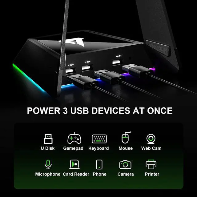 Alt view image 2 of 7 - GTRACING Gaming Headphone Stand, Gaming Headset RGB Holder with Wireless Charger, 3 USB Hub, 3 in 1 Multi-Functional Base Station, Gifts for Gamers, PC Game Earphone Accessories