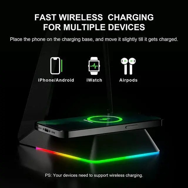 Alt view image 3 of 7 - GTRACING Gaming Headphone Stand, Gaming Headset RGB Holder with Wireless Charger, 3 USB Hub, 3 in 1 Multi-Functional Base Station, Gifts for Gamers, PC Game Earphone Accessories