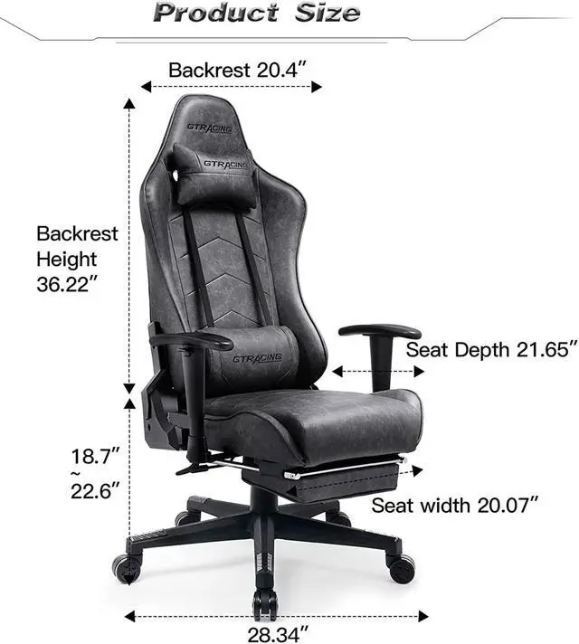 Alt view image 6 of 6 - GTRACING Big and Tall Gaming Chair with Footrest Heavy Duty Adjustable Recliner with Headrest Lumbar Support Pillow High Back Ergonomic Leather Racing Computer Desk Executive Office Chair