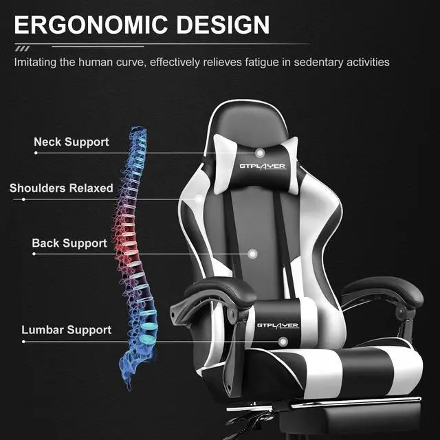 Alt view image 2 of 6 - GTPLAYER Gaming Chair, Computer Chair with Footrest and Lumbar Support, Height Adjustable Game Chair with 360°-Swivel Seat and Headrest and for Office or Gaming (White)