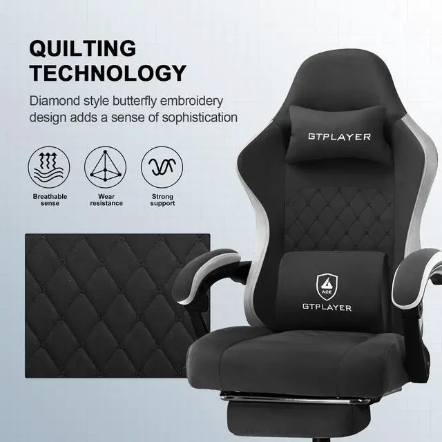 Alt view image 3 of 7 - GTPLAYER Gaming Chair with Footrest Fabric Office Chair with Pocket Spring Cushion and Linkage Armrests, High Back Ergonomic Computer Chair with Lumbar Support Task Chair-Black