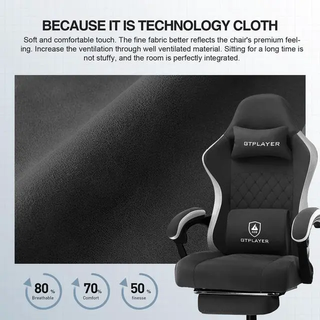 Alt view image 6 of 7 - GTPLAYER Gaming Chair with Footrest Fabric Office Chair with Pocket Spring Cushion and Linkage Armrests, High Back Ergonomic Computer Chair with Lumbar Support Task Chair-Black