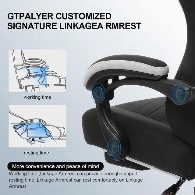 Alt view image 4 of 7 - GTPLAYER Gaming Chair with Footrest Fabric Office Chair with Pocket Spring Cushion and Linkage Armrests, High Back Ergonomic Computer Chair with Lumbar Support Task Chair-Black