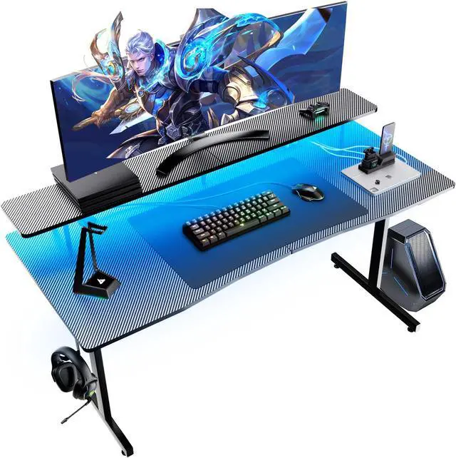 Main image of GTRACING 55 Inch Gaming Desk with LED Lights, Computer Gamer Desk with Monitor Stand, Ergonomic Carbon Fiber Surface Gaming Table with Power Outlet and Mouse Pad for Home Office, RGB
