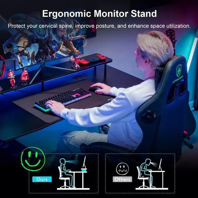 Alt view image 3 of 6 - GTRACING 55 Inch Gaming Desk with LED Lights, Computer Gamer Desk with Monitor Stand, Ergonomic Carbon Fiber Surface Gaming Table with Power Outlet and Mouse Pad for Home Office, RGB