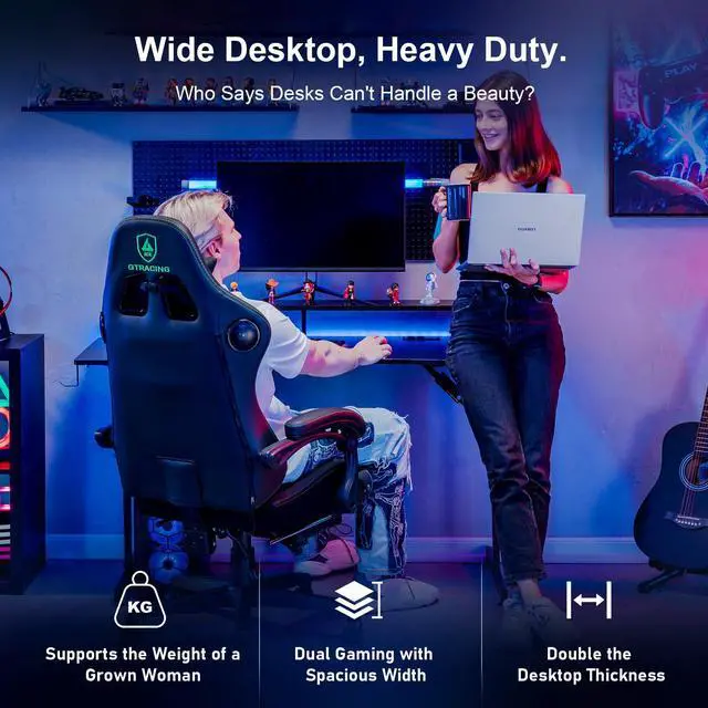 Alt view image 5 of 6 - GTRACING 55 Inch Gaming Desk with LED Lights, Computer Gamer Desk with Monitor Stand, Ergonomic Carbon Fiber Surface Gaming Table with Power Outlet and Mouse Pad for Home Office, RGB