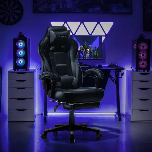 Alt view image 2 of 6 - LUCKRACER Gaming Chair with Legrest, Ergonomic Computer Chair with Footrest Gamer Chair PU Leather Swivel Lumbar Support Racing Style E-Sports Game Chairs by GTRACING (GREY)