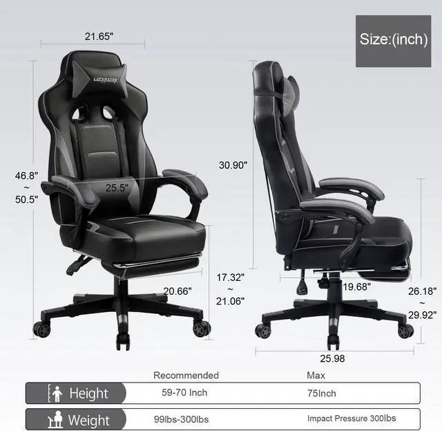 Alt view image 4 of 6 - LUCKRACER Gaming Chair with Legrest, Ergonomic Computer Chair with Footrest Gamer Chair PU Leather Swivel Lumbar Support Racing Style E-Sports Game Chairs by GTRACING (GREY)