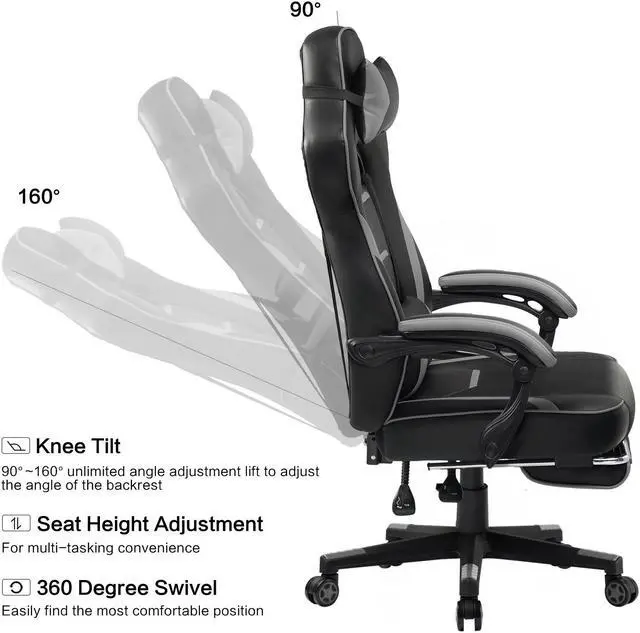 Alt view image 5 of 6 - LUCKRACER Gaming Chair with Legrest, Ergonomic Computer Chair with Footrest Gamer Chair PU Leather Swivel Lumbar Support Racing Style E-Sports Game Chairs by GTRACING (GREY)