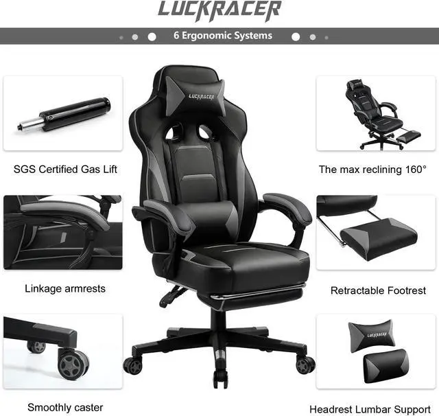 Alt view image 6 of 6 - LUCKRACER Gaming Chair with Legrest, Ergonomic Computer Chair with Footrest Gamer Chair PU Leather Swivel Lumbar Support Racing Style E-Sports Game Chairs by GTRACING (GREY)