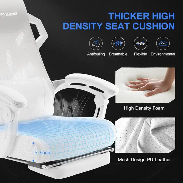 Alt view image 3 of 6 - GTRACING Gaming Chair, Computer Chair with Mesh Back, Ergonomic Gaming Chair with Footrest, Reclining Gamer Chair with Adjustable Headrest and Lumbar Support for Gaming and Office (White)