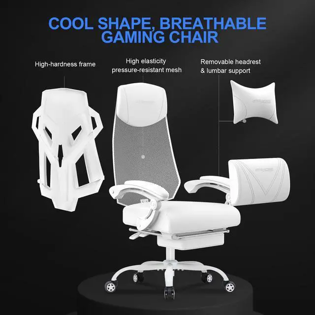 Alt view image 4 of 6 - GTRACING Gaming Chair, Computer Chair with Mesh Back, Ergonomic Gaming Chair with Footrest, Reclining Gamer Chair with Adjustable Headrest and Lumbar Support for Gaming and Office (White)