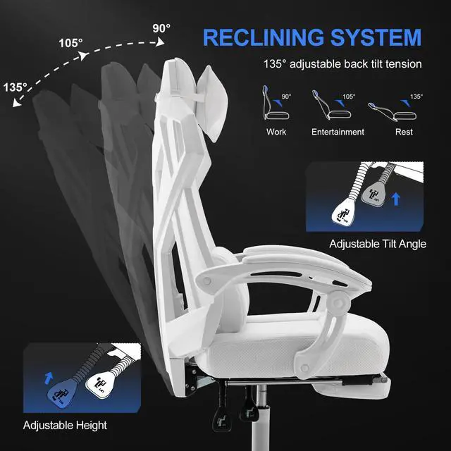 Alt view image 6 of 6 - GTRACING Gaming Chair, Computer Chair with Mesh Back, Ergonomic Gaming Chair with Footrest, Reclining Gamer Chair with Adjustable Headrest and Lumbar Support for Gaming and Office (White)