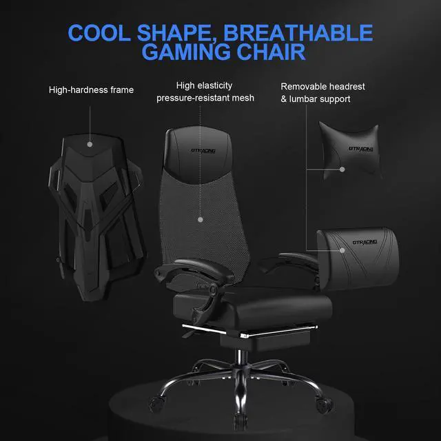 Alt view image 4 of 7 - GTRACING Gaming Chair, Computer Chair with Mesh Back, Ergonomic Gaming Chair with Footrest, Reclining Gamer Chair with Adjustable Headrest and Lumbar Support for Gaming and Office (Black)