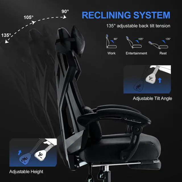 Alt view image 6 of 7 - GTRACING Gaming Chair, Computer Chair with Mesh Back, Ergonomic Gaming Chair with Footrest, Reclining Gamer Chair with Adjustable Headrest and Lumbar Support for Gaming and Office (Black)