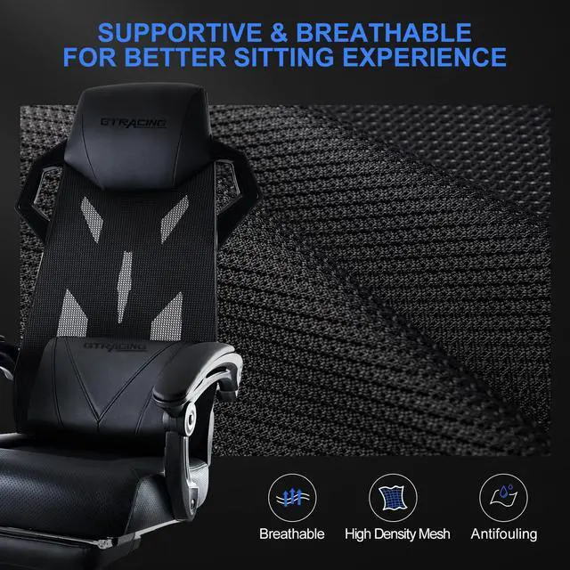 Alt view image 5 of 7 - GTRACING Gaming Chair, Computer Chair with Mesh Back, Ergonomic Gaming Chair with Footrest, Reclining Gamer Chair with Adjustable Headrest and Lumbar Support for Gaming and Office (Black)