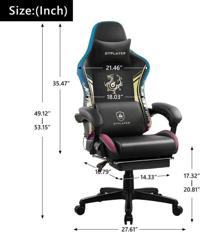 Alt view image 2 of 7 - GTPLAYER Gaming Chair with Bluetooth Speakers and Footrest, Dragon Series Video Game Chair ,Heavy Duty Ergonomic Chair,Esports Gaming Chair,Computer Office Desk Chair by GTRACING(Black)