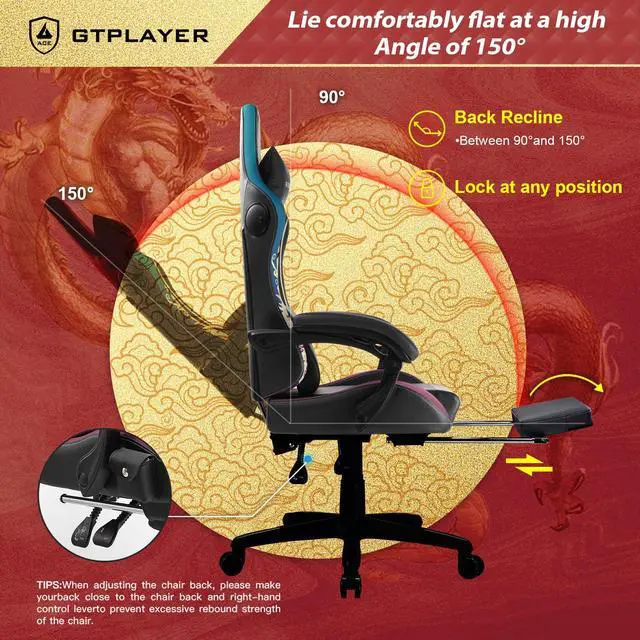 Alt view image 5 of 7 - GTPLAYER Gaming Chair with Bluetooth Speakers and Footrest, Dragon Series Video Game Chair ,Heavy Duty Ergonomic Chair,Esports Gaming Chair,Computer Office Desk Chair by GTRACING(Black)