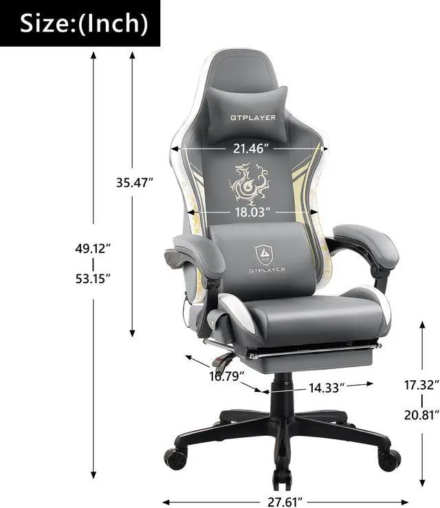 Alt view image 2 of 7 - GTPLAYER Gaming Chair with Bluetooth Speakers and Footrest, Dragon Series Video Game Chair ,Heavy Duty Ergonomic Chair,Esports Gaming Chair,Computer Office Desk Chair by GTRACING(Grey)